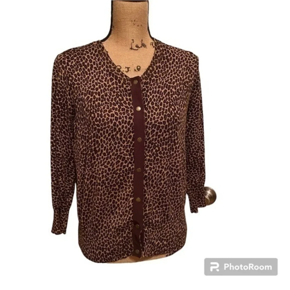 Michael Michael Kors Leopard Print Snap Front Sweater Color: Black/Brown Size: M